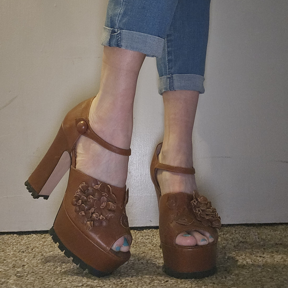 Brown Platform Heels with Floral Detail